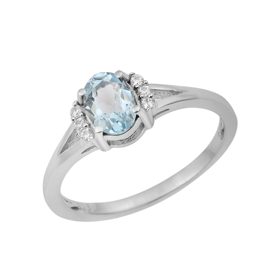 Aquamarine Solitaire With Side Accents Ring - Sterling Silver