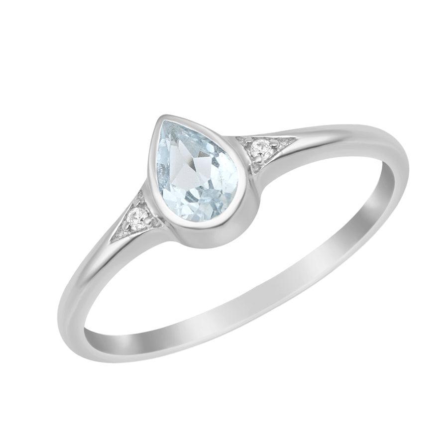Aquamarine Solitaire With Accents Ring - Sterling Silver