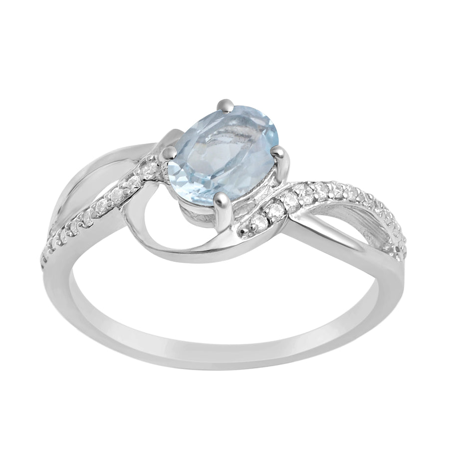 Aquamarine Solitaire Swirl Accent Ring - Sterling Silver