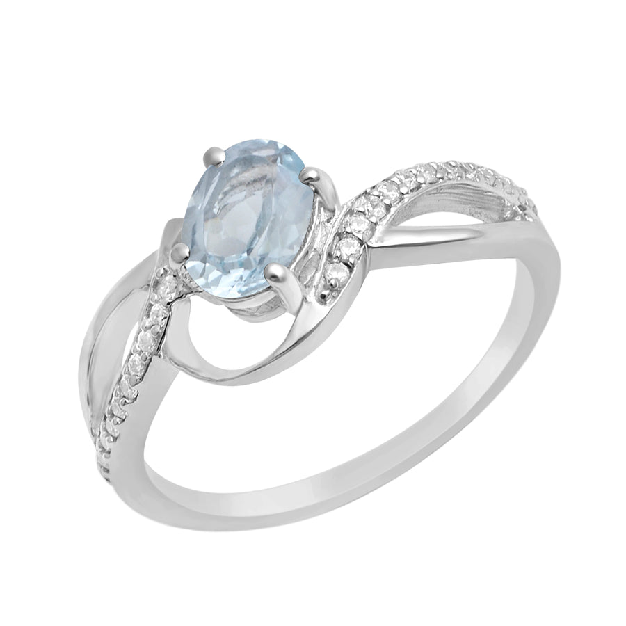 Aquamarine Solitaire Swirl Accent Ring - Sterling Silver