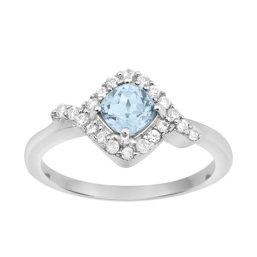 Aquamarine Solitaire Halo Ring -Sterling Silver