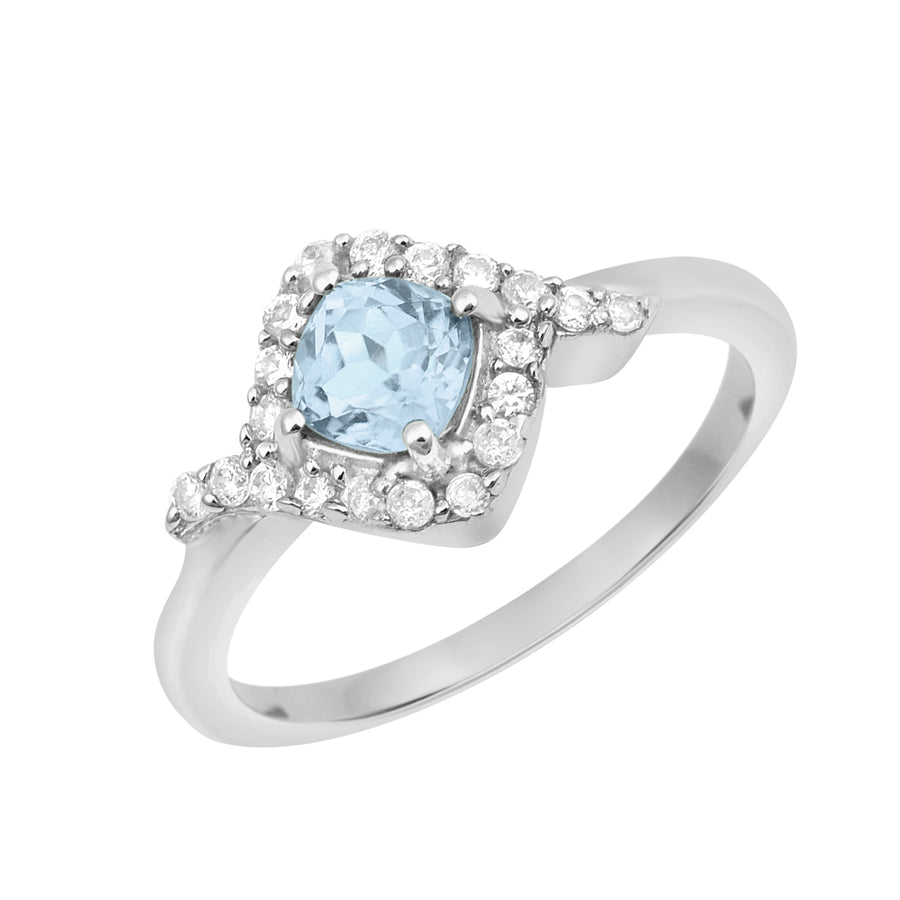 Aquamarine Solitaire Halo Ring -Sterling Silver