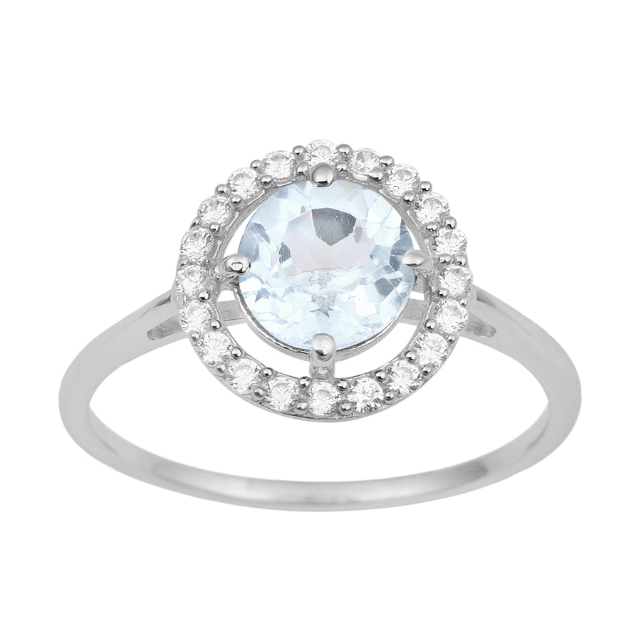 Aquamarine Solitaire Halo Ring- Sterling Silver