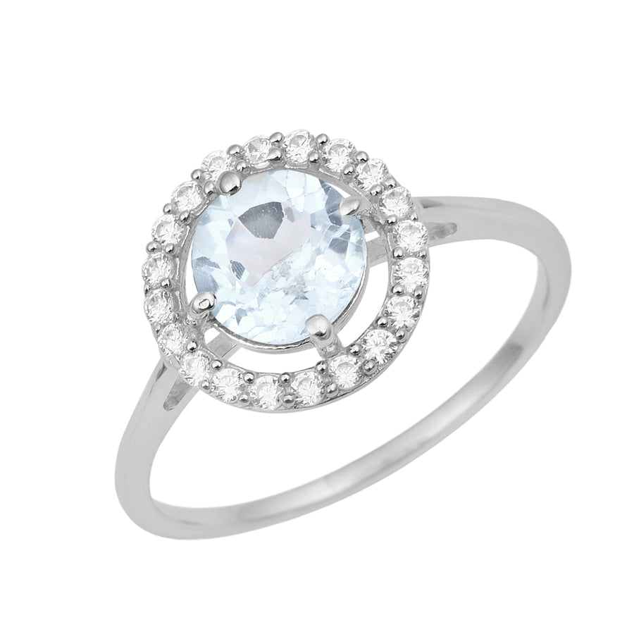 Aquamarine Solitaire Halo Ring- Sterling Silver