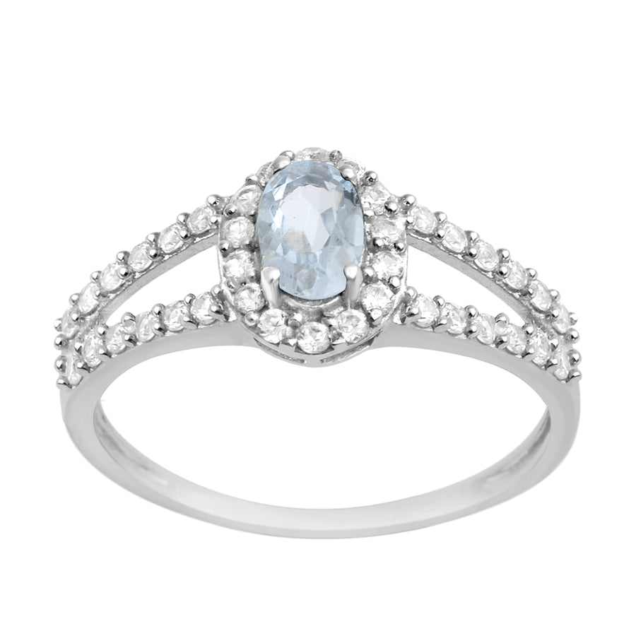 Aquamarine Halo Split Shank Ring - Sterling Silver