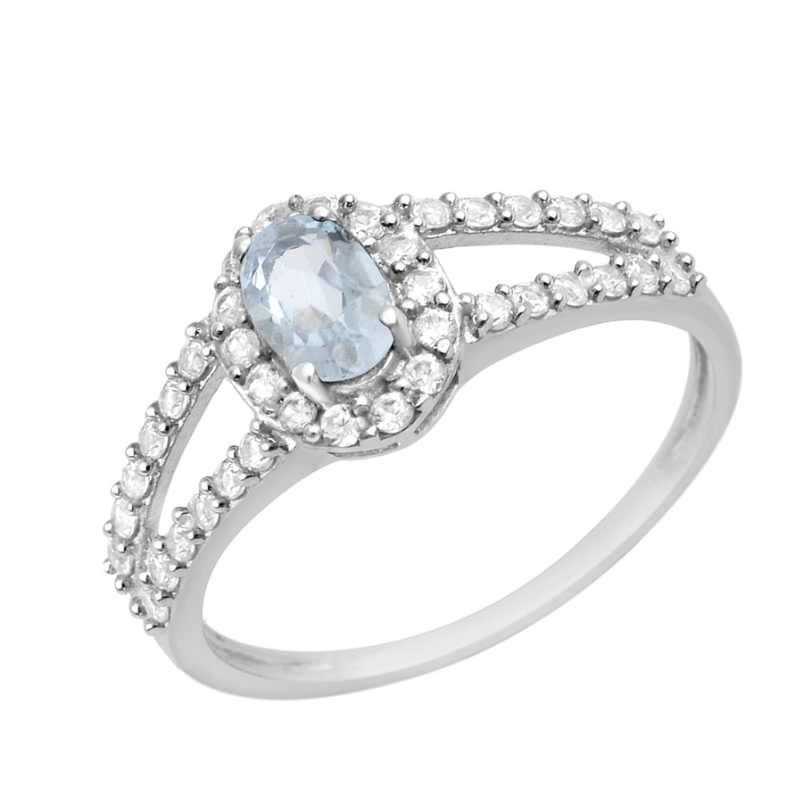 Aquamarine Halo Split Shank Ring - Sterling Silver