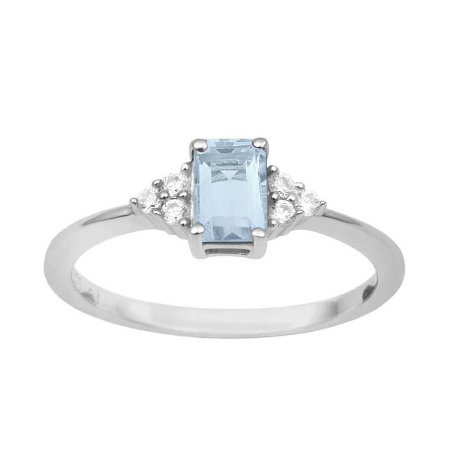 Aquamarine Solitaire With Trio Accents Ring- Sterling Silver