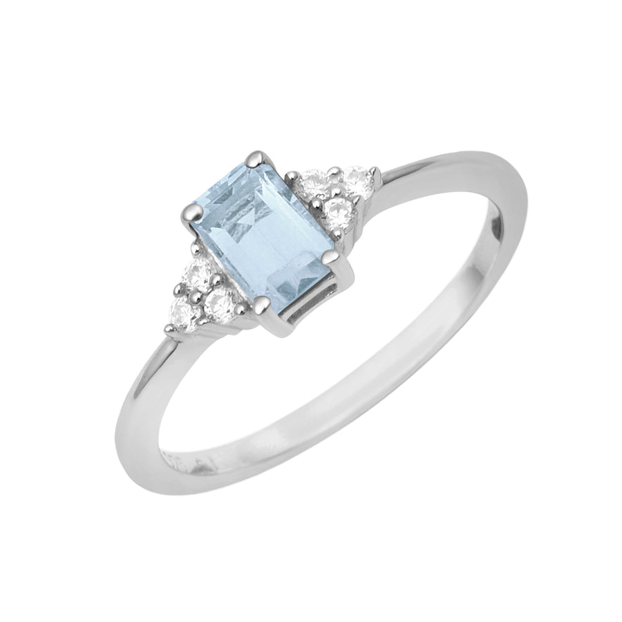 Aquamarine Solitaire With Trio Accents Ring- Sterling Silver