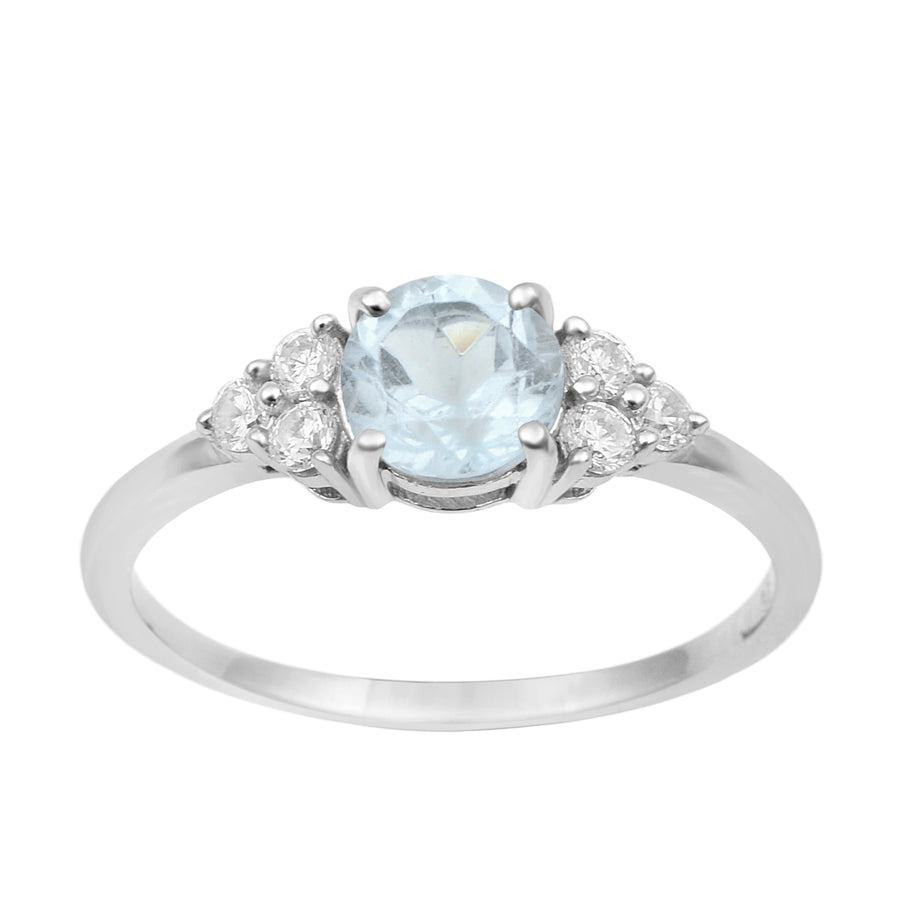 Aquamarine Solitaire Side Accents Ring - Sterling Silver