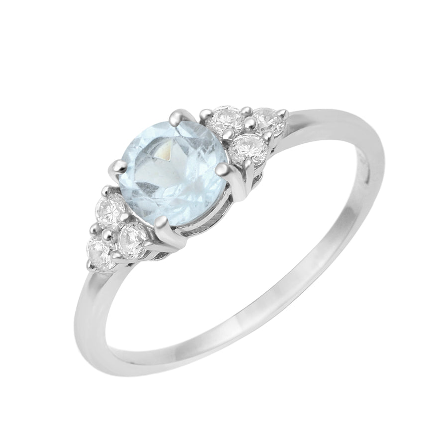 Aquamarine Solitaire Side Accents Ring - Sterling Silver