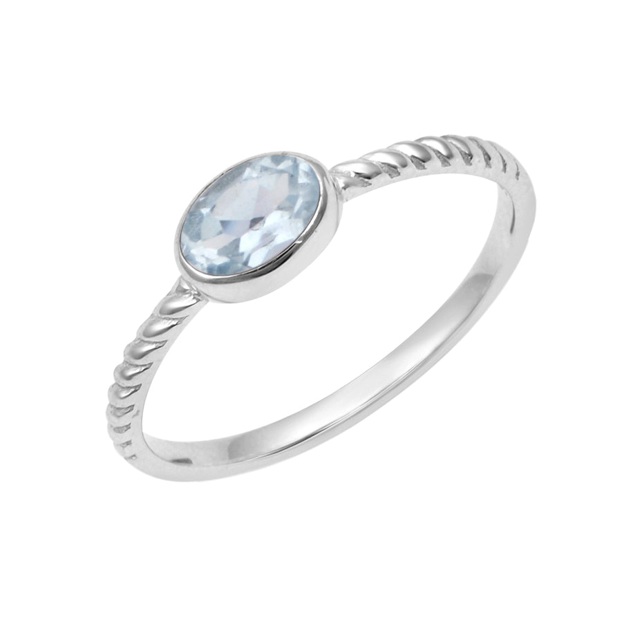 Aquamarine Solitaire Twisted Shank Ring - Sterling Silver