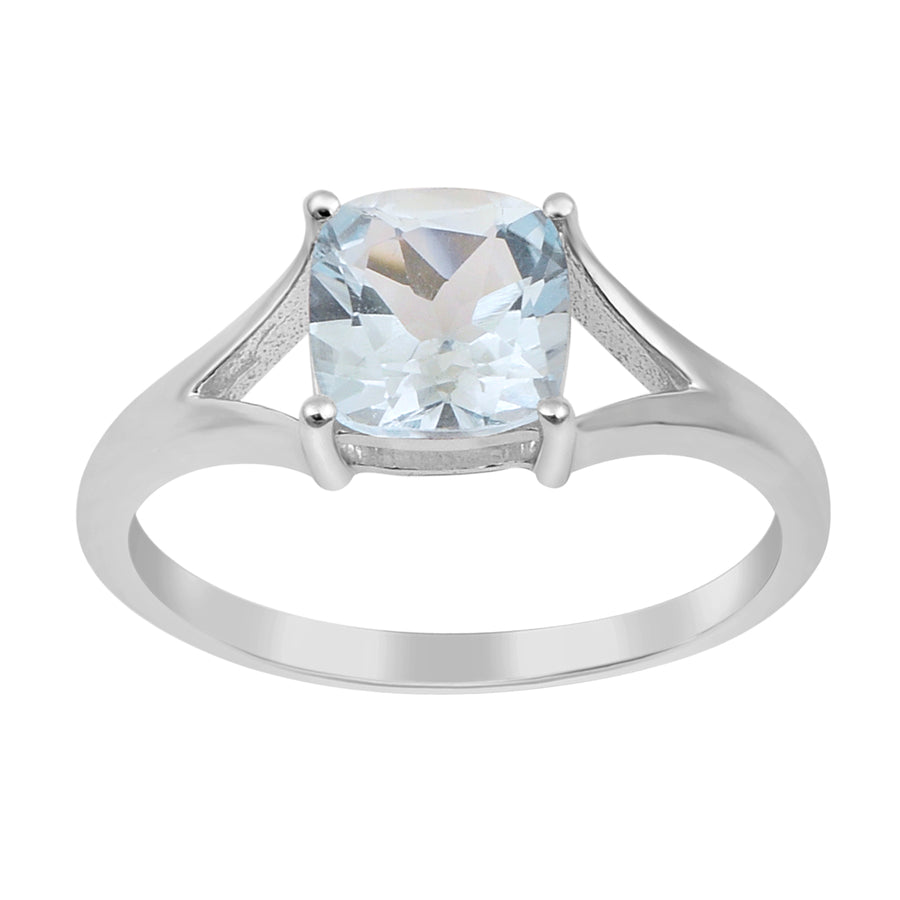Aquamarine Solitaire Split Shank Ring- Sterling Silver