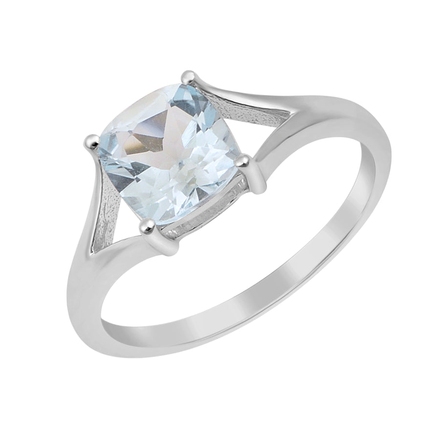 Aquamarine Solitaire Split Shank Ring- Sterling Silver