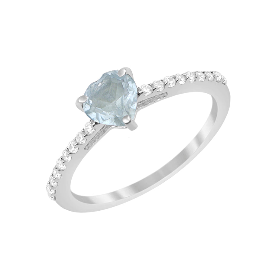 Aquamarine Solitaire Heart Ring -Sterling Silver