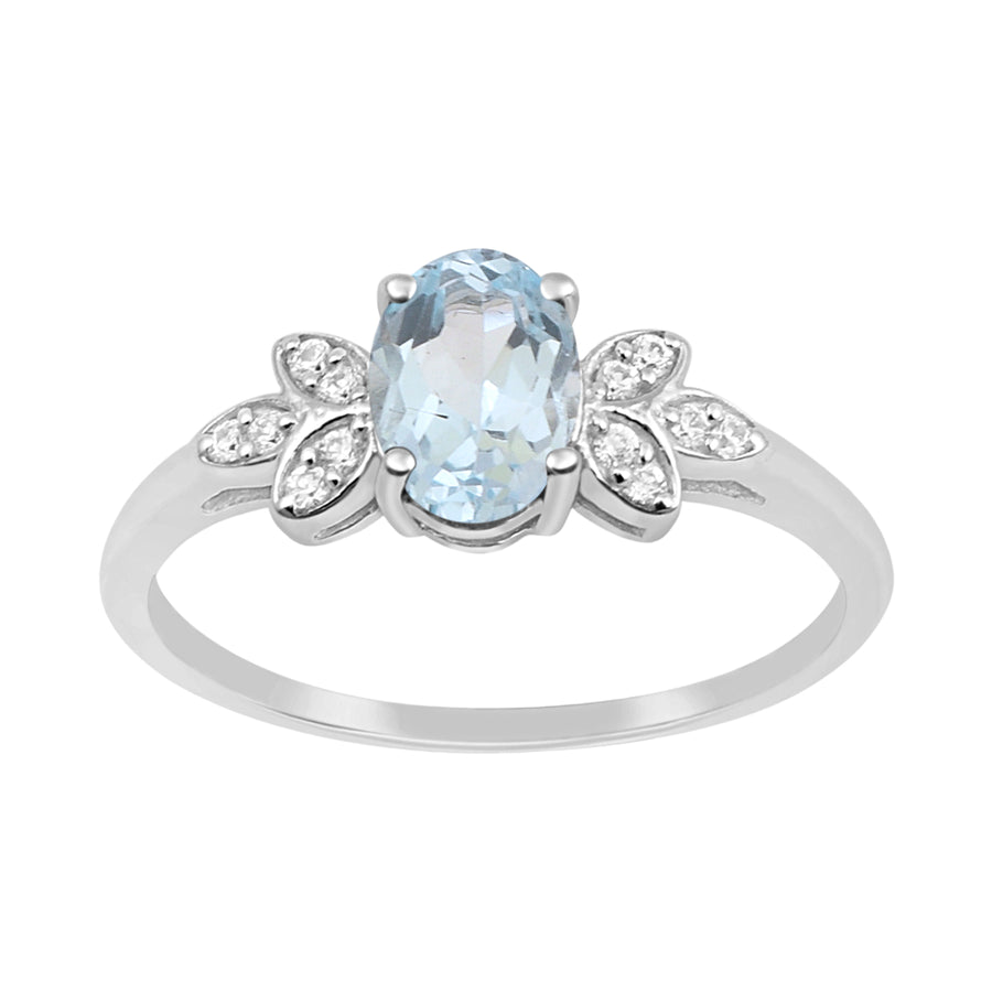 Aquamarine Solitaire Vine Leaf Design Ring -Sterling Silver