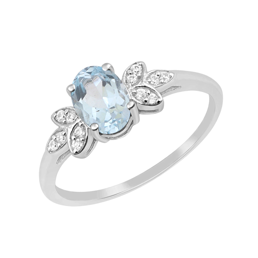 Aquamarine Solitaire Vine Leaf Design Ring -Sterling Silver