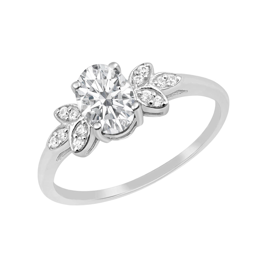 Moissanite Floral Leaf Accent Ring – Sterling Silver