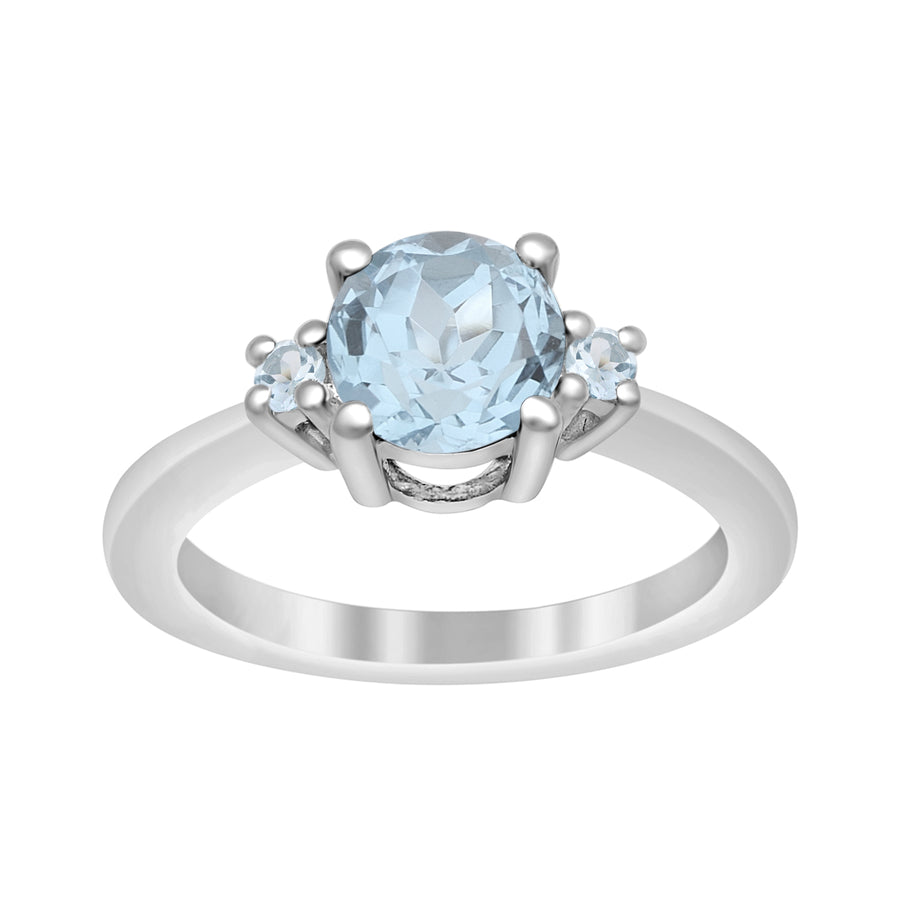 Aquamarine Solitaire With Side Accents Ring- Sterling Silver