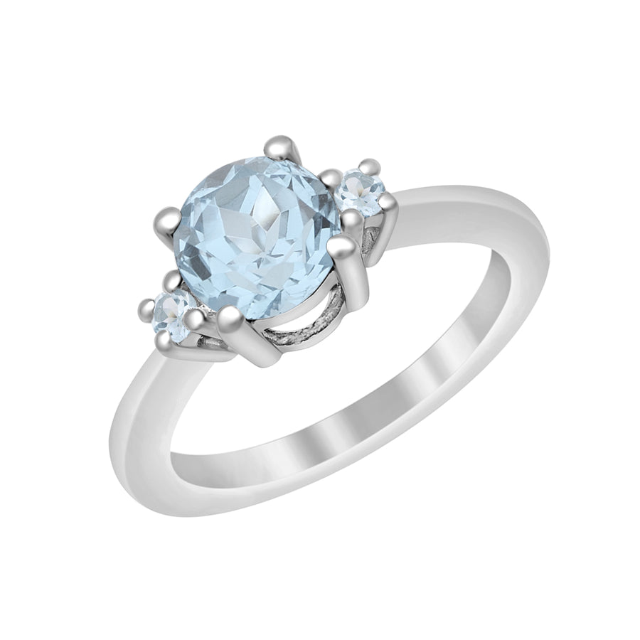 Aquamarine Solitaire With Side Accents Ring- Sterling Silver