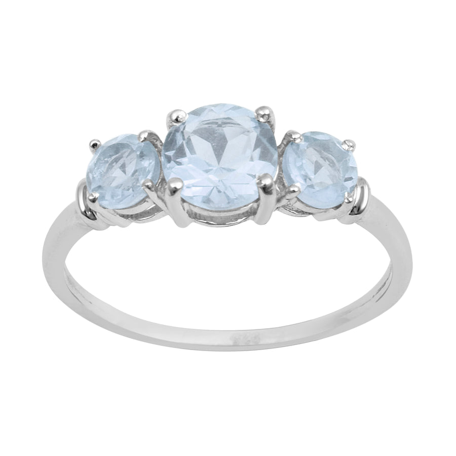 Aquamarine Three Stone Classic Ring - Sterling Silver