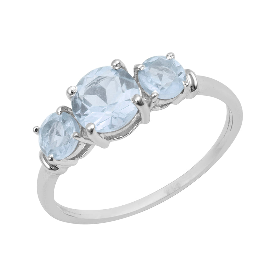 Aquamarine Three Stone Classic Ring - Sterling Silver