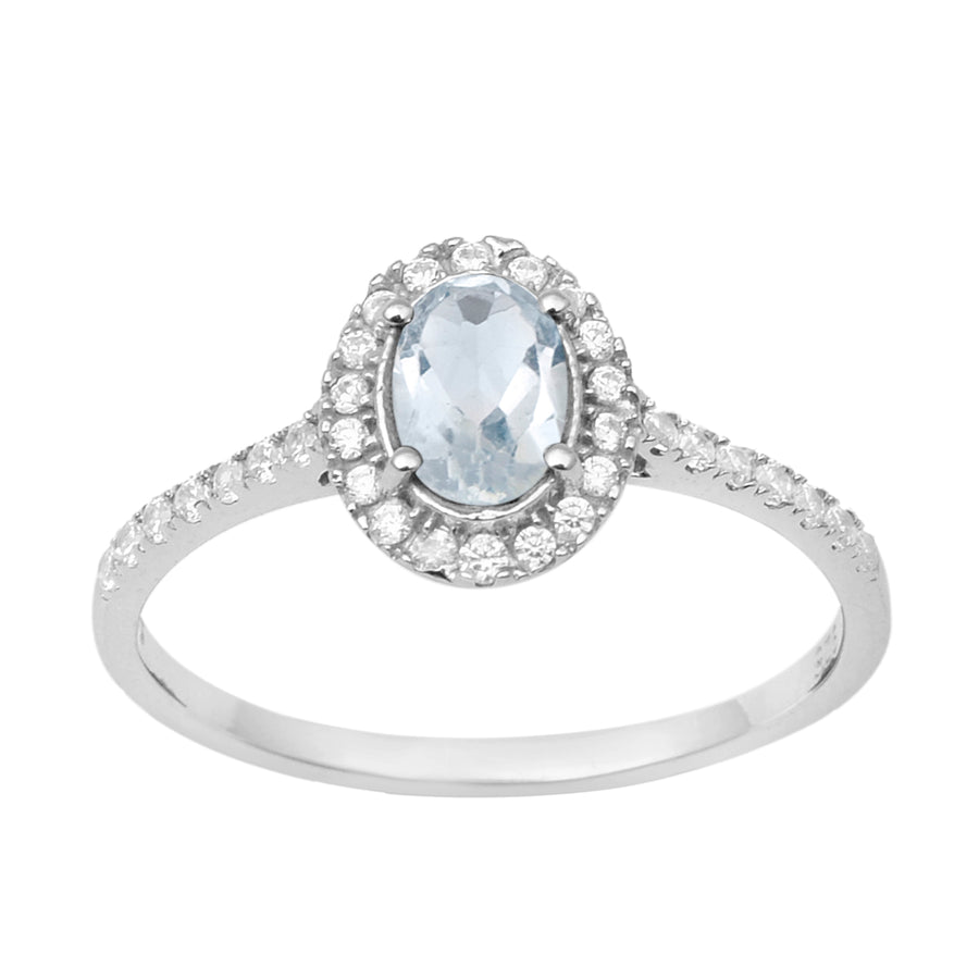 Aquamarine Solitaire Halo Ring -Sterling Silver