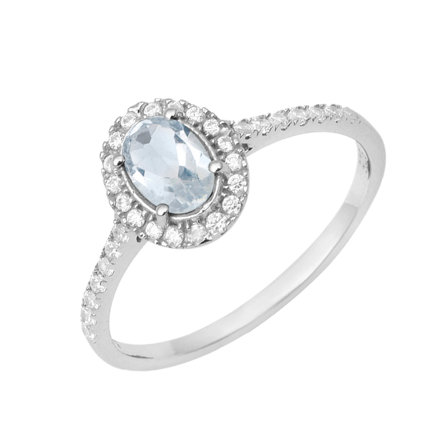Aquamarine Solitaire Halo Ring -Sterling Silver