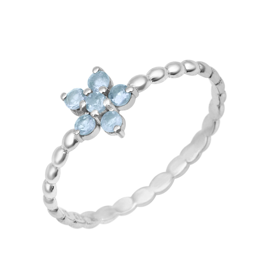 Aquamarine Floral Beaded Shank Ring- Sterling Silver