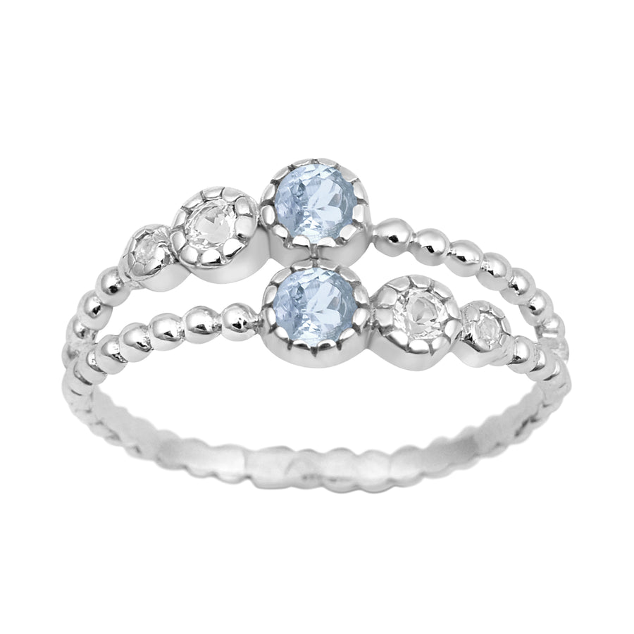 Aquamarine Beaded Double Band Ring - Sterling Silver