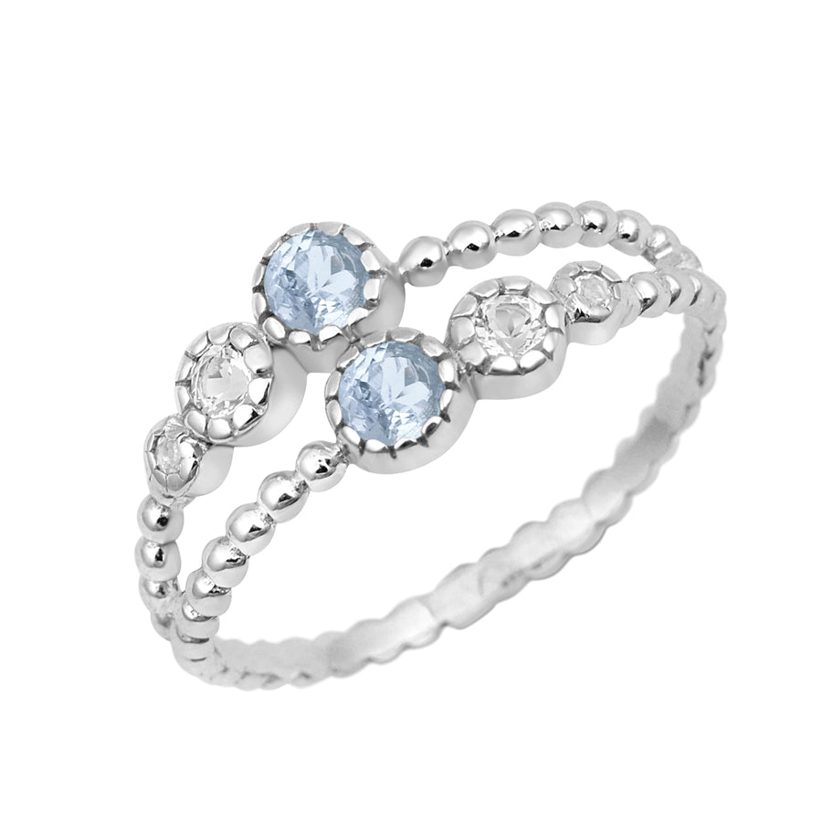 Aquamarine Beaded Double Band Ring - Sterling Silver
