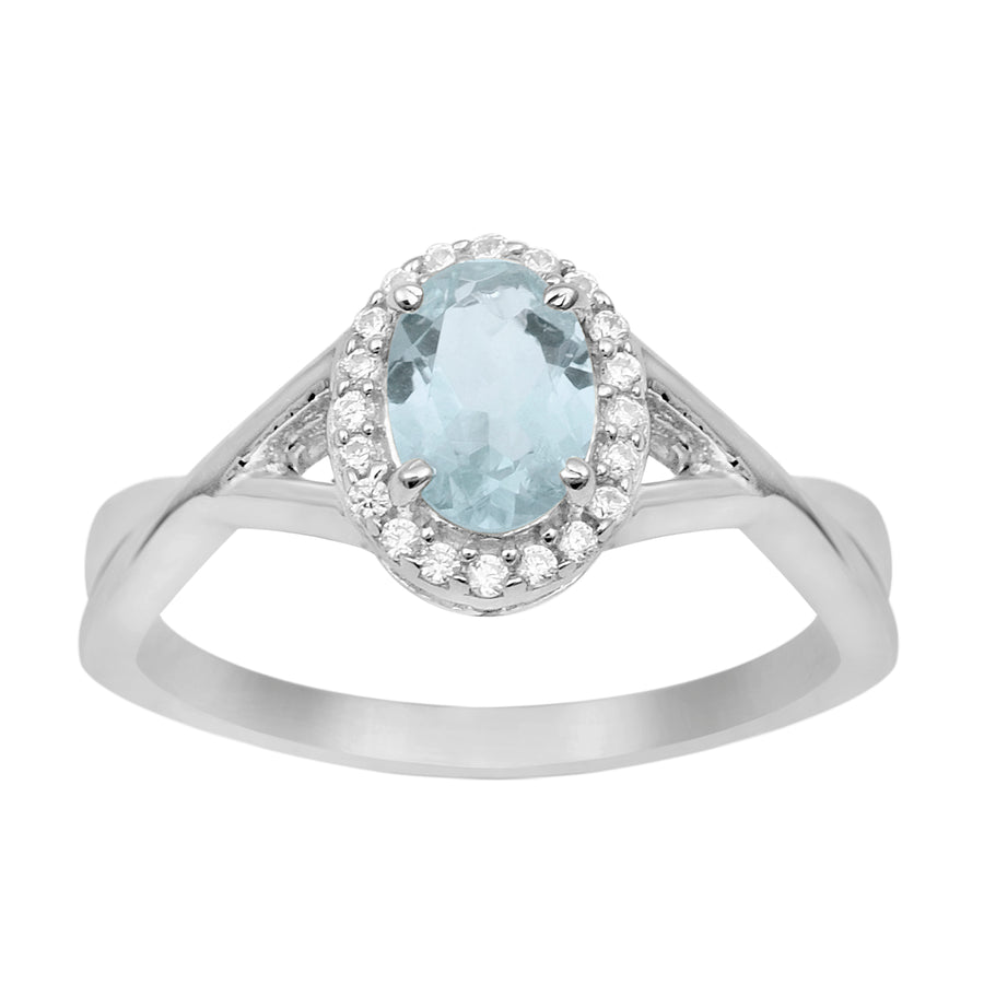 Aquamarine Halo Split Shank Ring -Sterling Silver