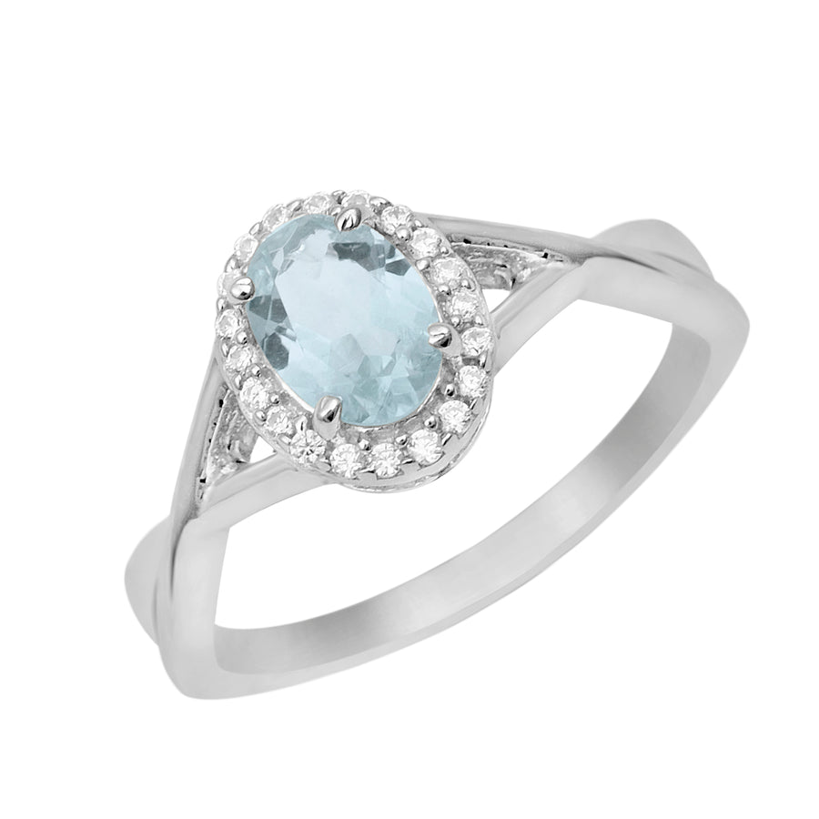 Aquamarine Halo Split Shank Ring -Sterling Silver
