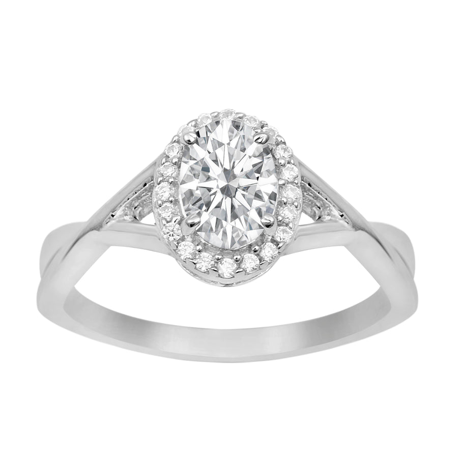 Moissanite Halo Split Shank Ring – Sterling Silver