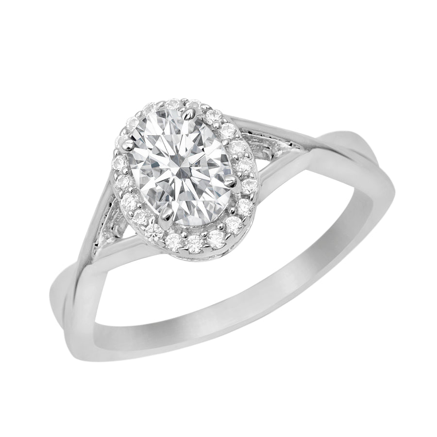 Moissanite Halo Split Shank Ring – Sterling Silver