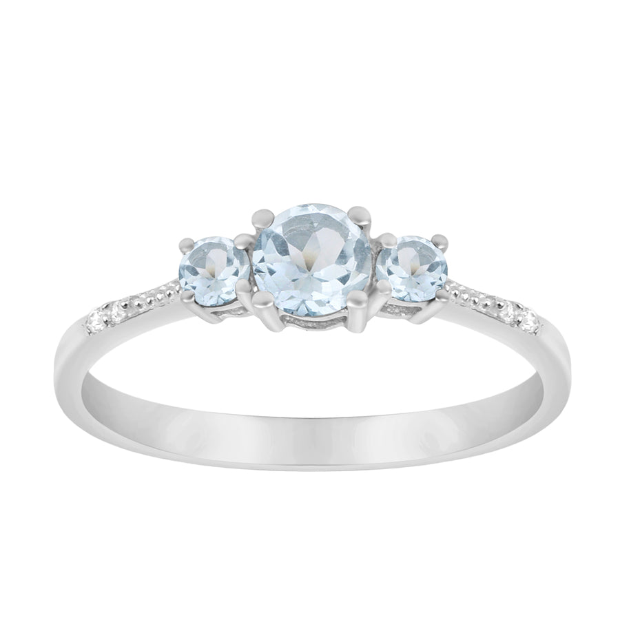 Aquamarine Three Stone With Side Accents Ring -Sterling Silver