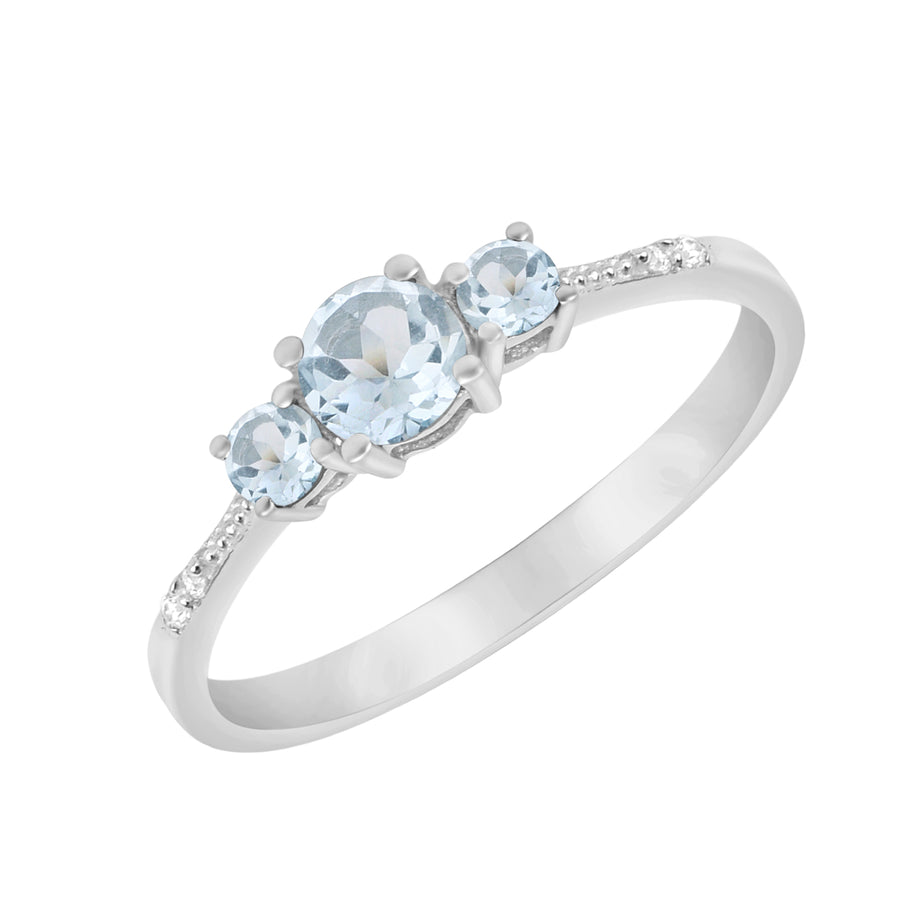 Aquamarine Three Stone With Side Accents Ring -Sterling Silver