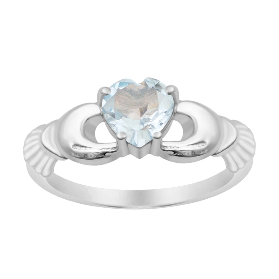 Aquamarine Solitaire Claddagh Ring -Sterling Silver