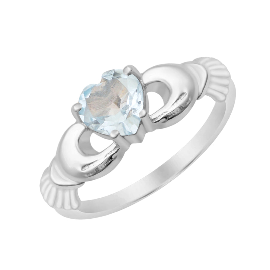 Aquamarine Solitaire Claddagh Ring -Sterling Silver