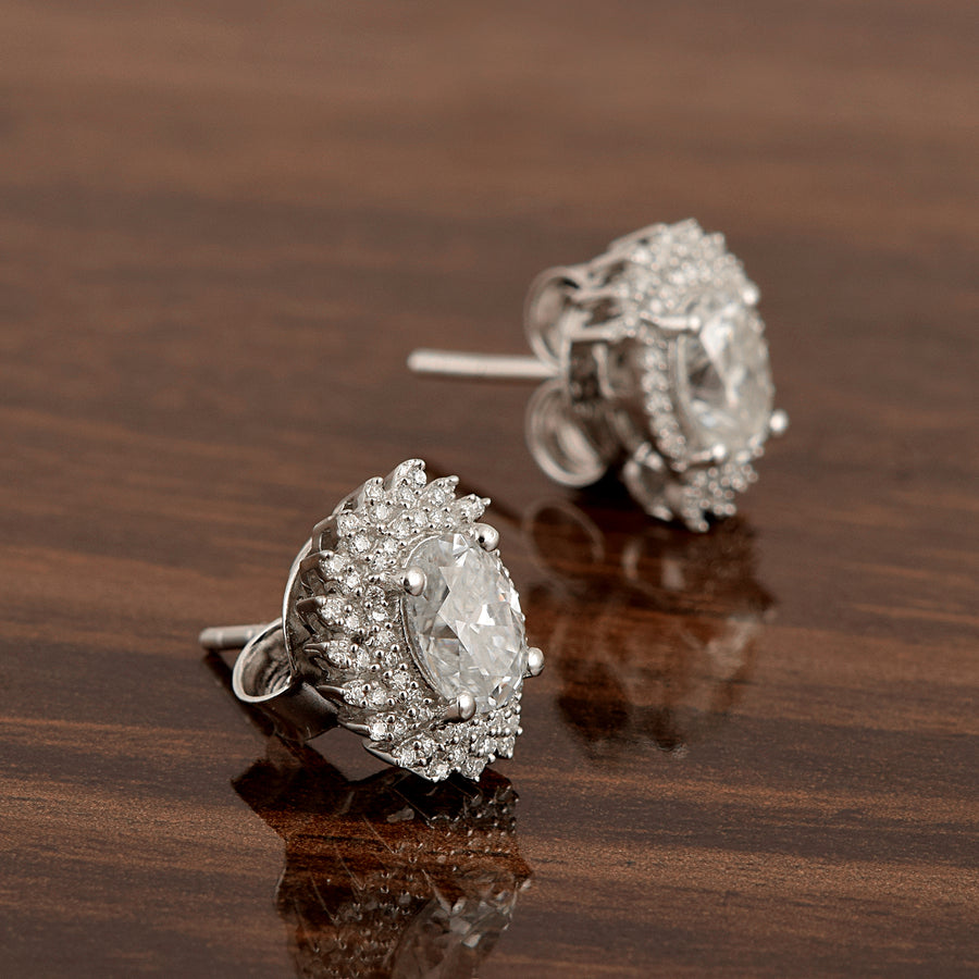 Moissanite Fancy Leaf Halo Design Stud - Sterling Silver
