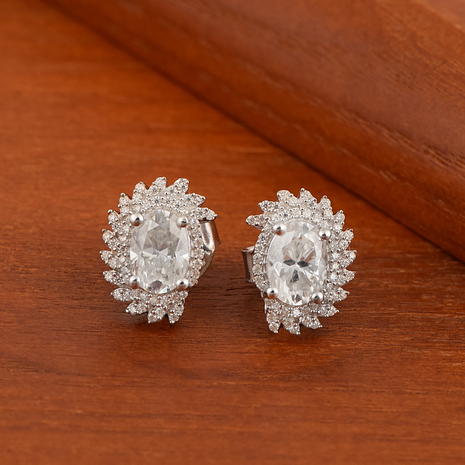 Moissanite Fancy Leaf Halo Design Stud - Sterling Silver