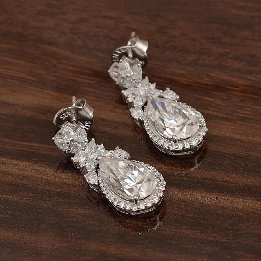 Moissanite  Elegant Floral Drop Earrings – Sterling Silver