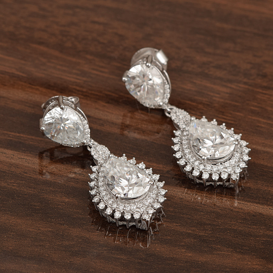 Moissanite Drop Sunburst Design Earrings – 925 Sterling Silver