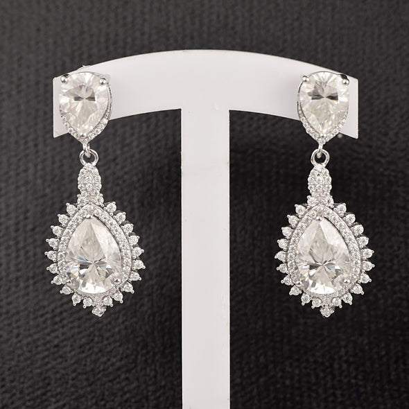 Pear Shape Moissanite 925 Sterling Silver Double halo Dangle Drop Women Earrings