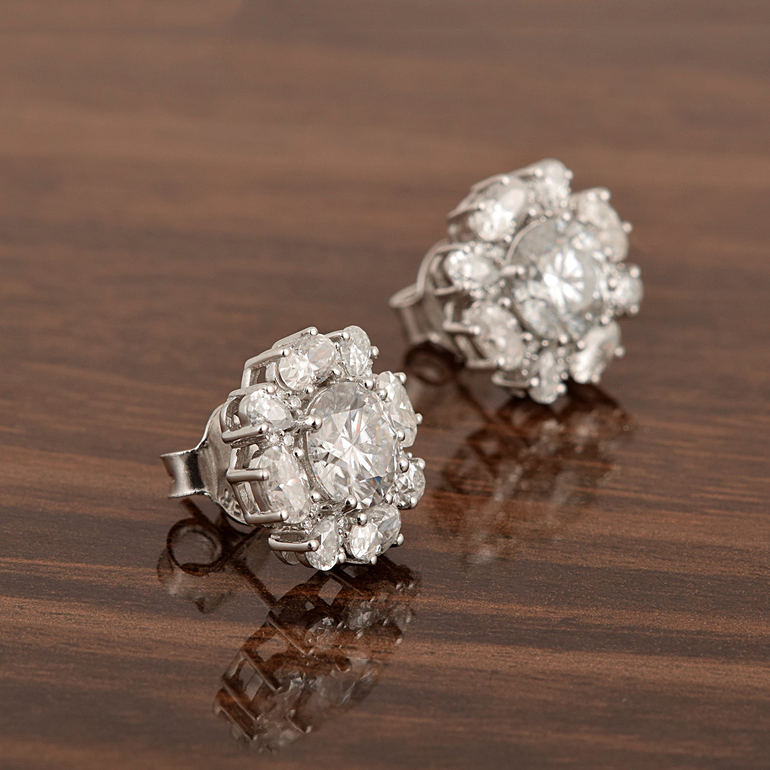 Moissanite Floral Stud Earrings - Sterling Silver