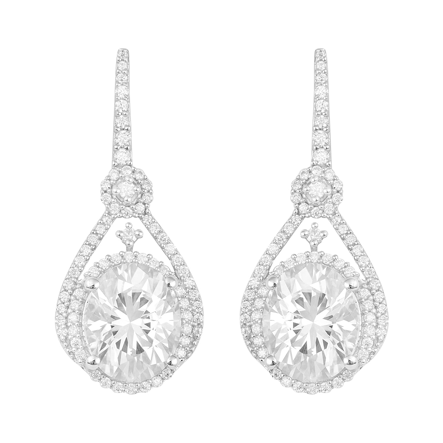 Moissanite Regal Halo Design Drop Earrings - Sterling Silver