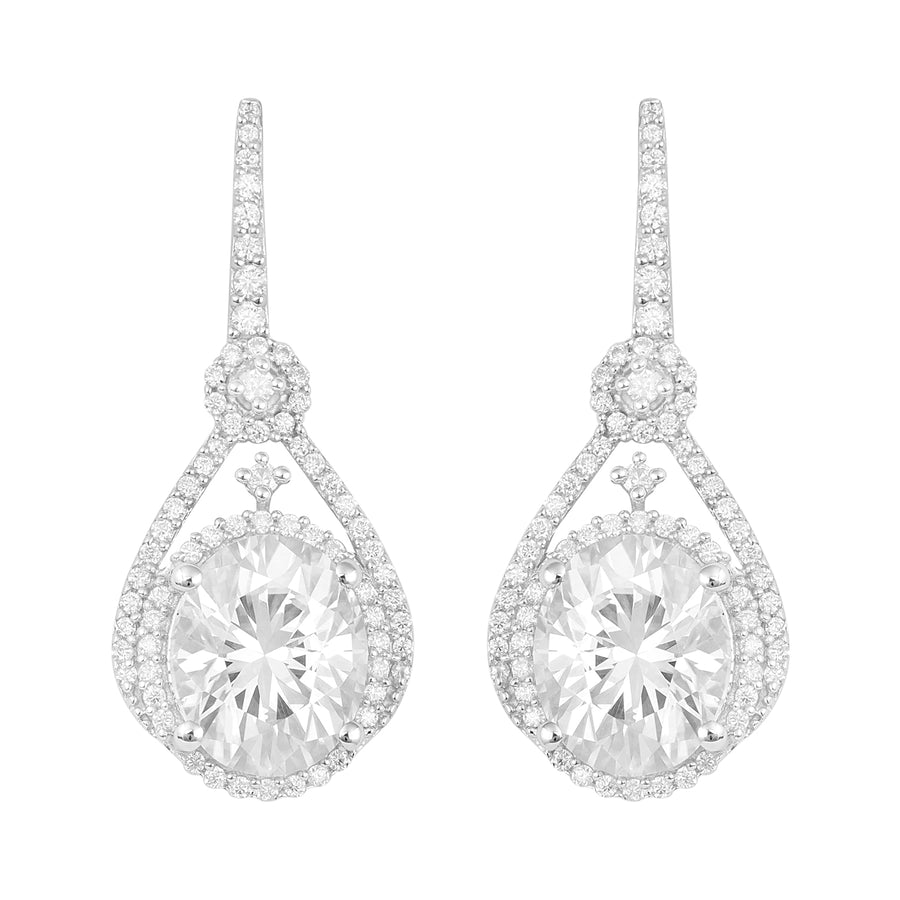 Moissanite Regal Halo Design Drop Earrings - Sterling Silver