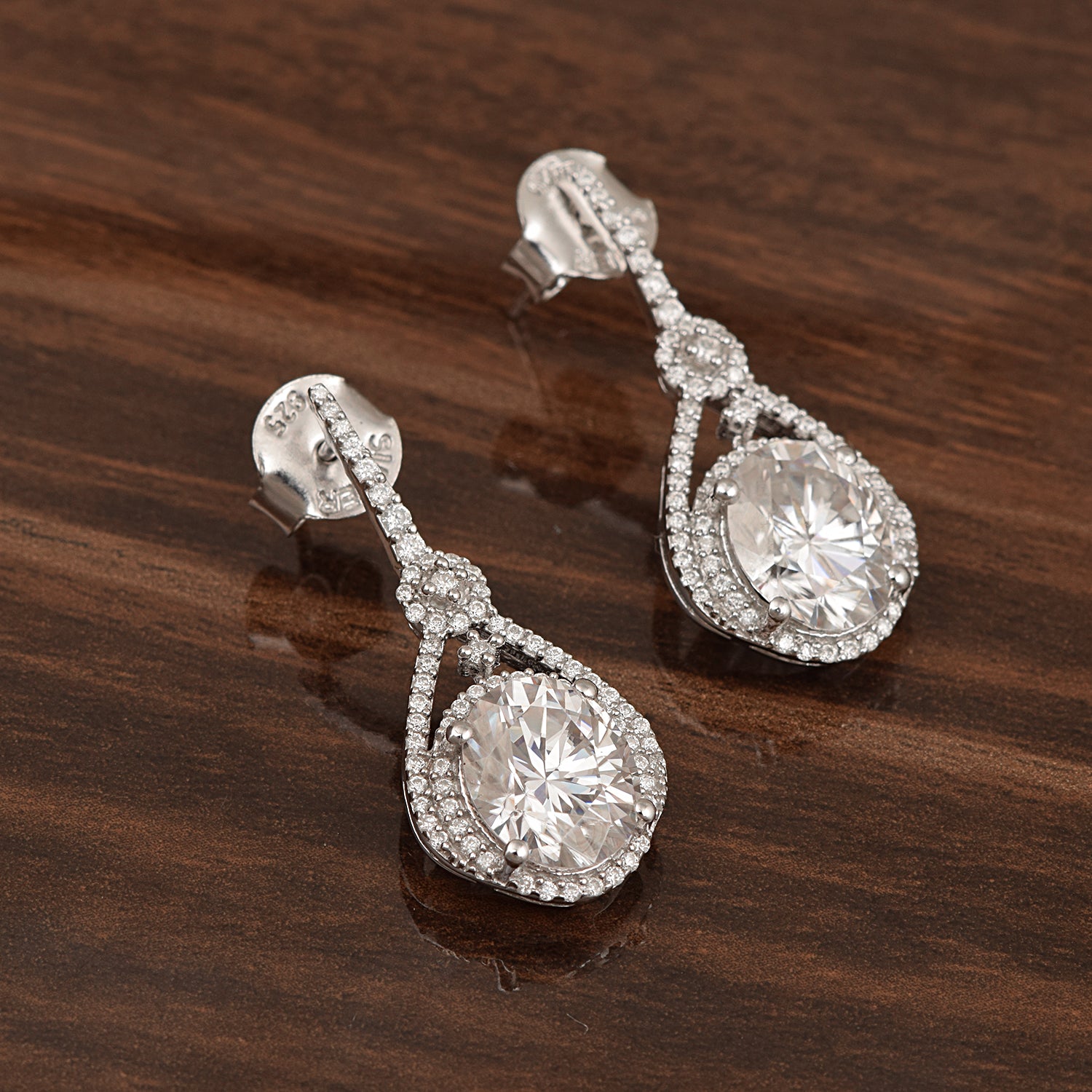 Moissanite Regal Halo Design Drop Earrings - Sterling Silver