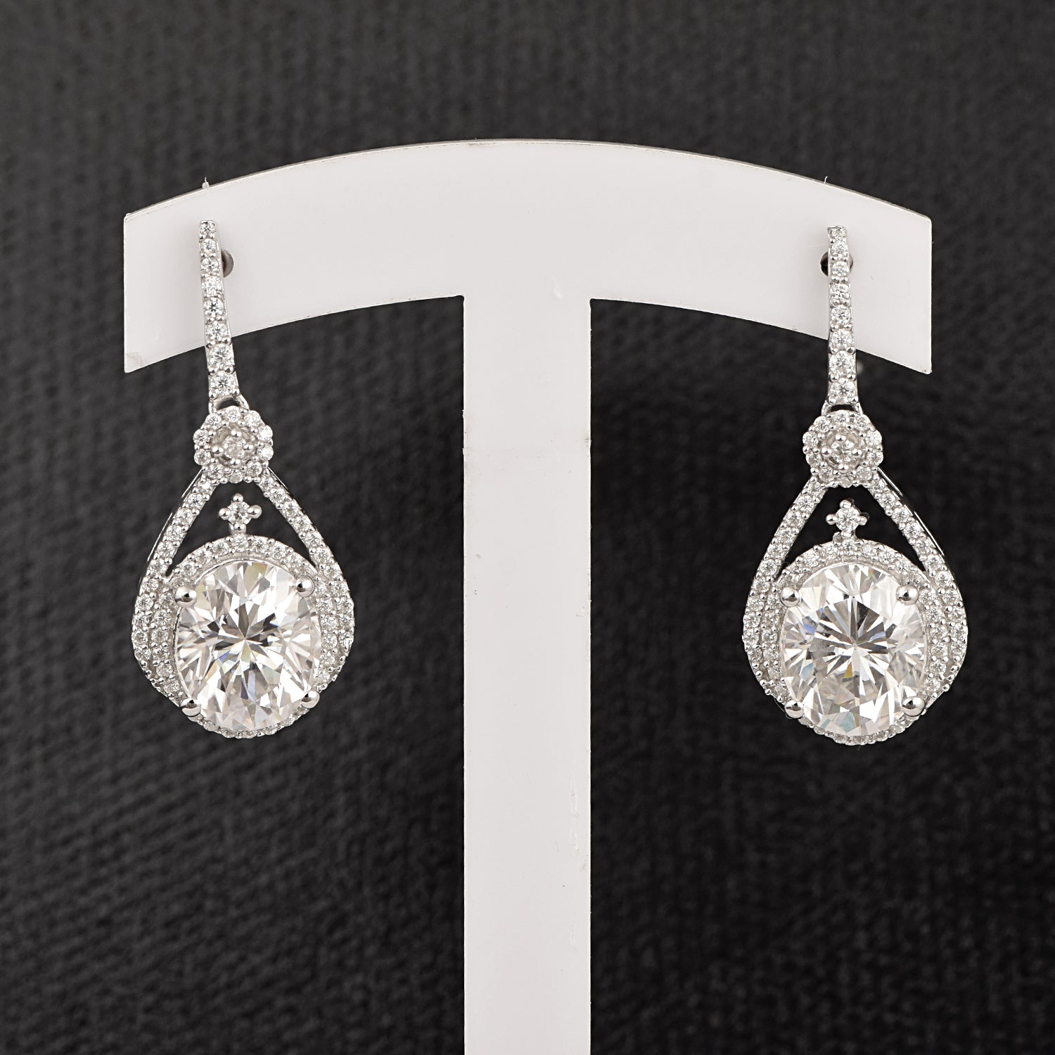 Moissanite Regal Halo Design Drop Earrings - Sterling Silver