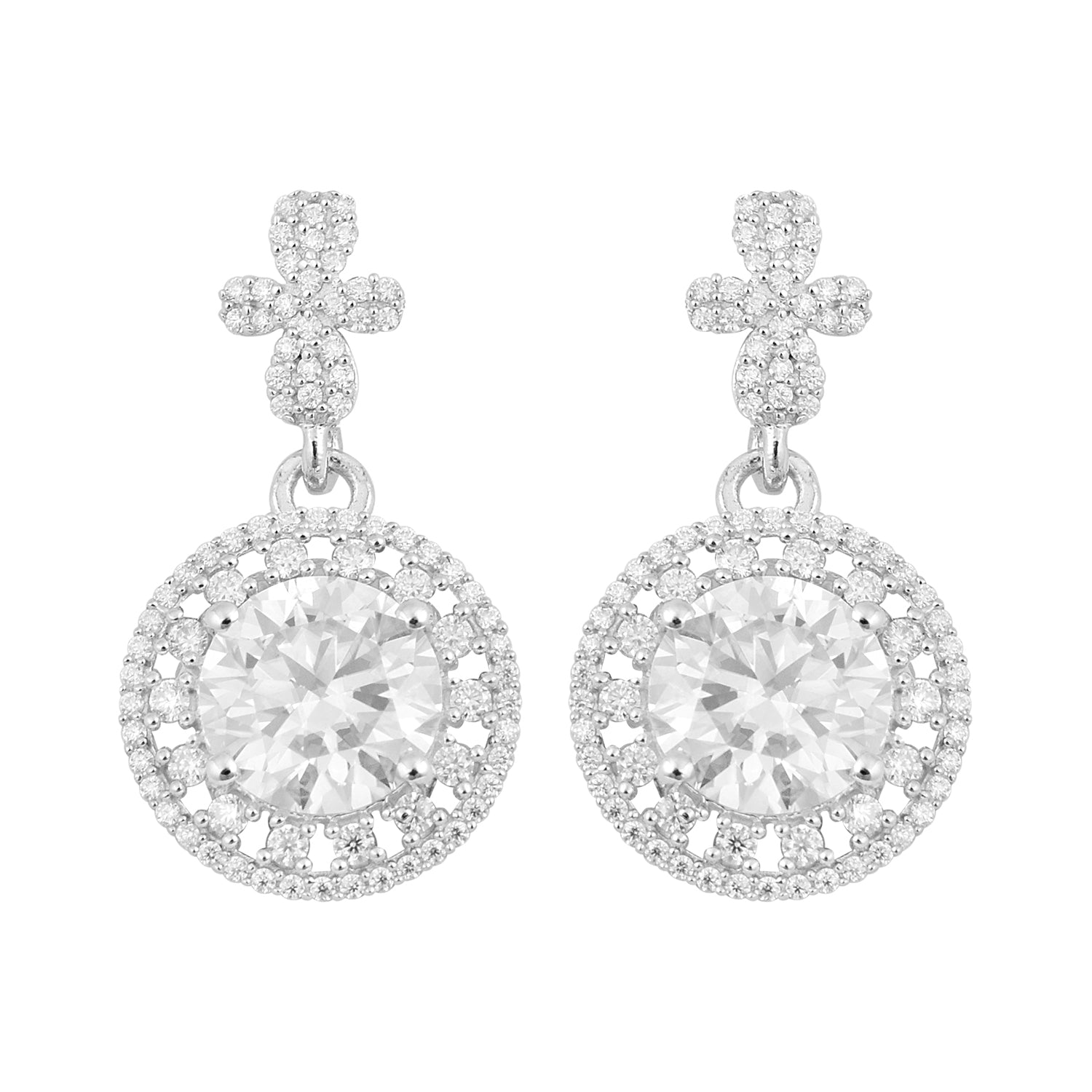 Moissanite Floral Halo Design Drop Earrings - Sterling Silver