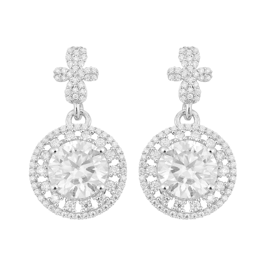 Moissanite Floral Halo Design Drop Earrings - Sterling Silver
